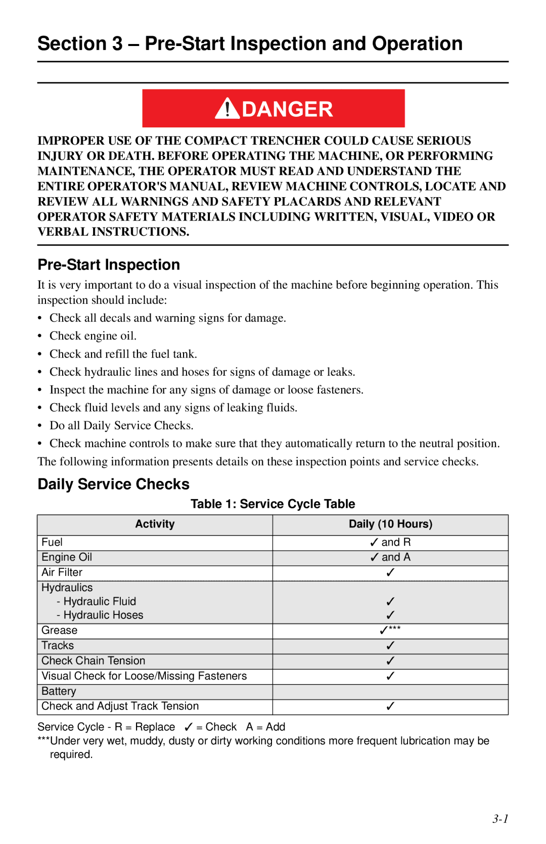 Cellboost 999-823 manual Pre-Start Inspection and Operation, Daily Service Checks, Service Cycle Table 