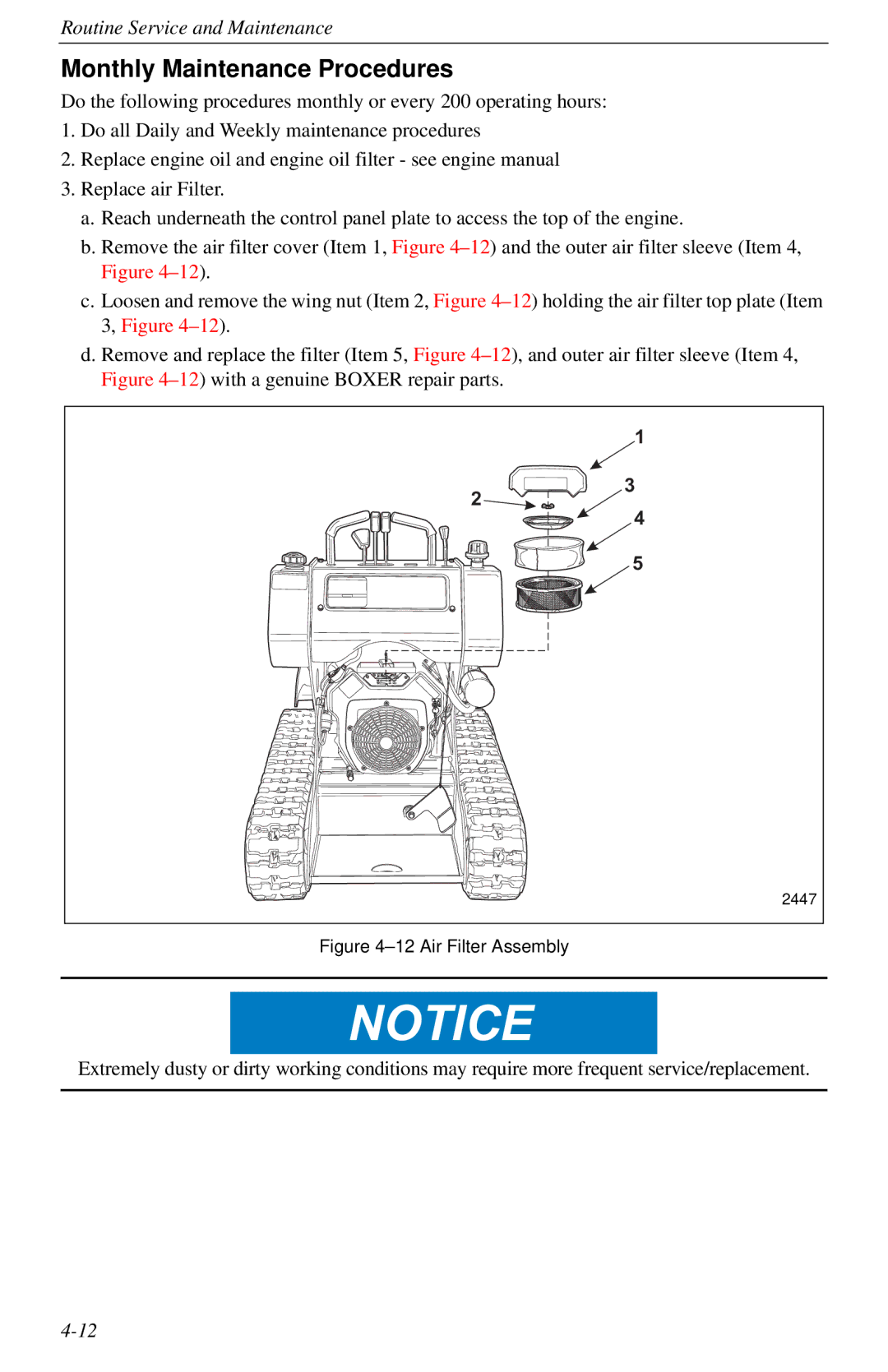 Cellboost 999-823 manual Monthly Maintenance Procedures, Air Filter Assembly 