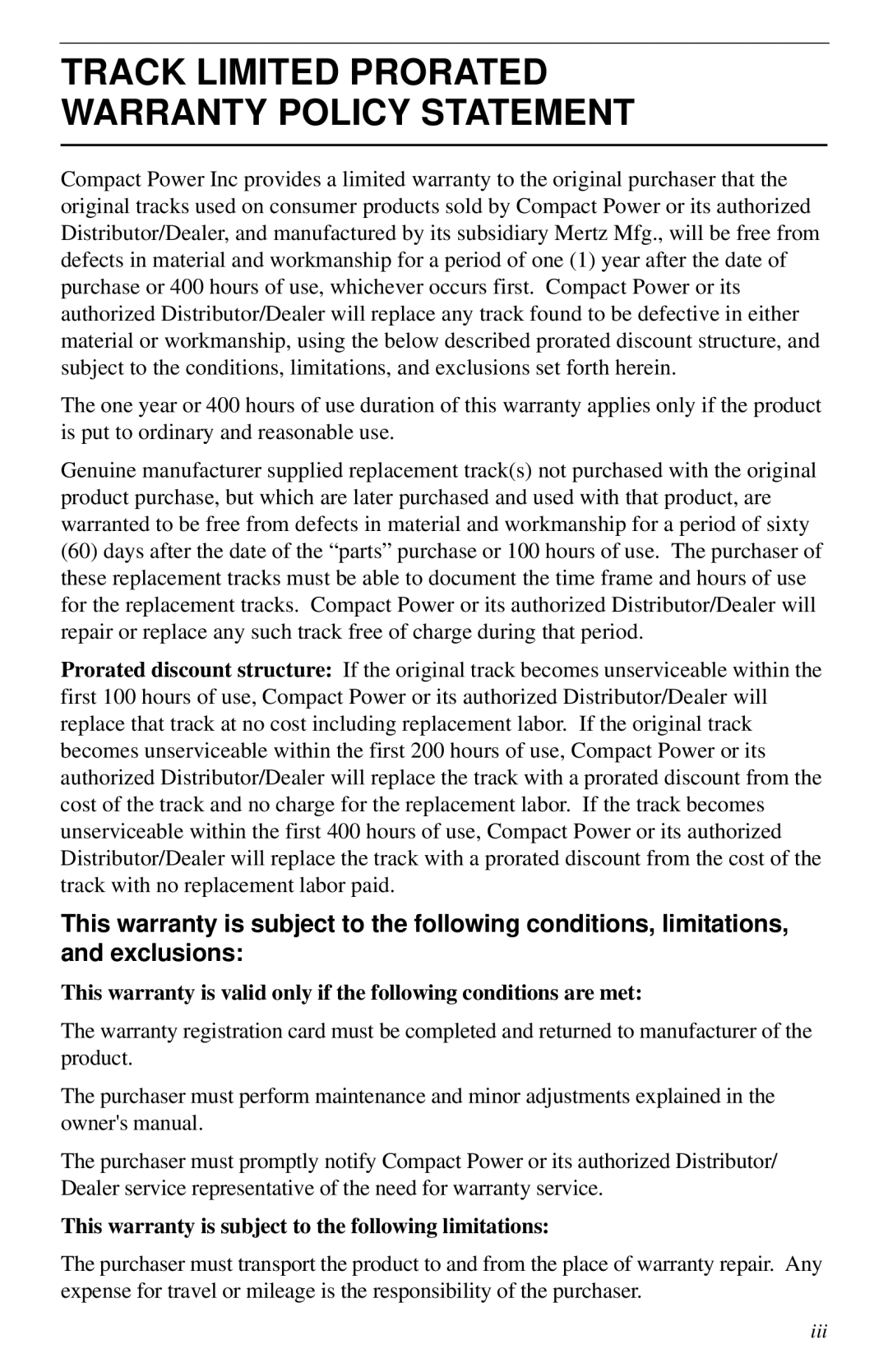 Cellboost 999-823 manual Track Limited Prorated Warranty Policy Statement 