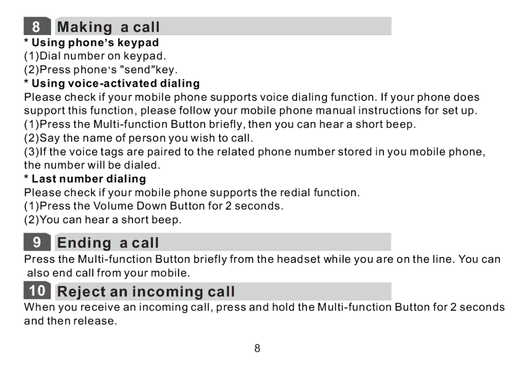 Cellular Innovations HFBLU-LT100 manual Making a call, Ending a call, Reject an incoming call 