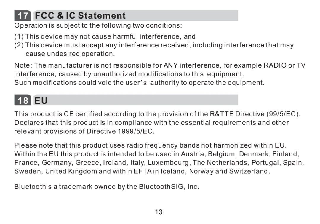 Cellular Innovations HFBLU-LT100 manual FCC & IC Statement, 18 EU 