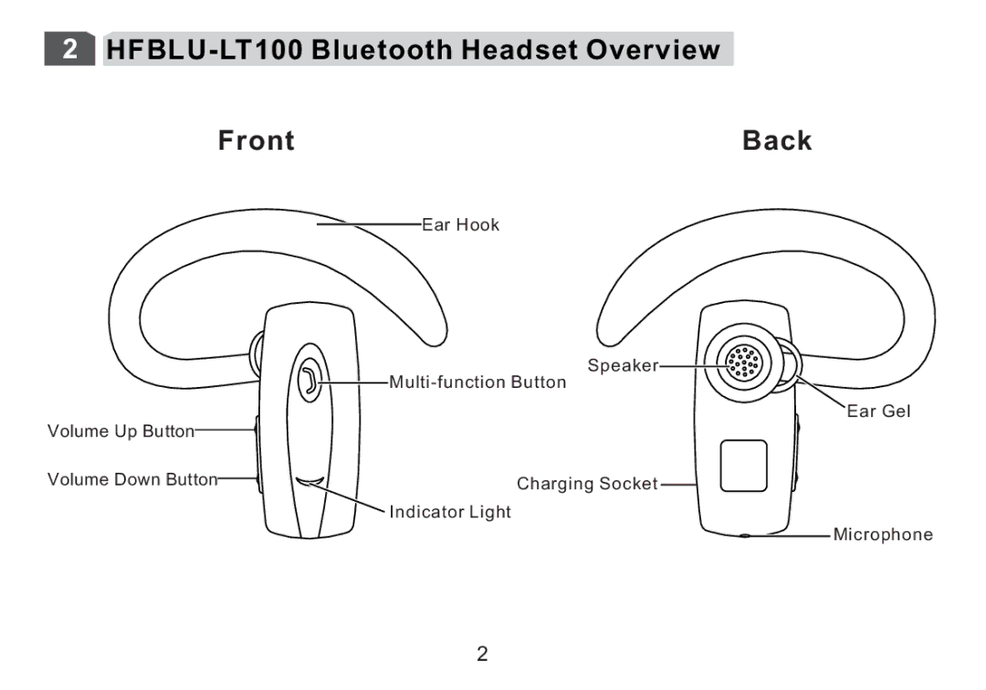 Cellular Innovations manual HFBLU-LT100 Bluetooth Headset Overview Front Back, Ear Hook 