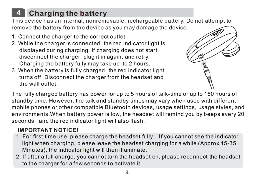 Cellular Innovations HFBLU-LT100 manual Charging the battery, Important Notice 