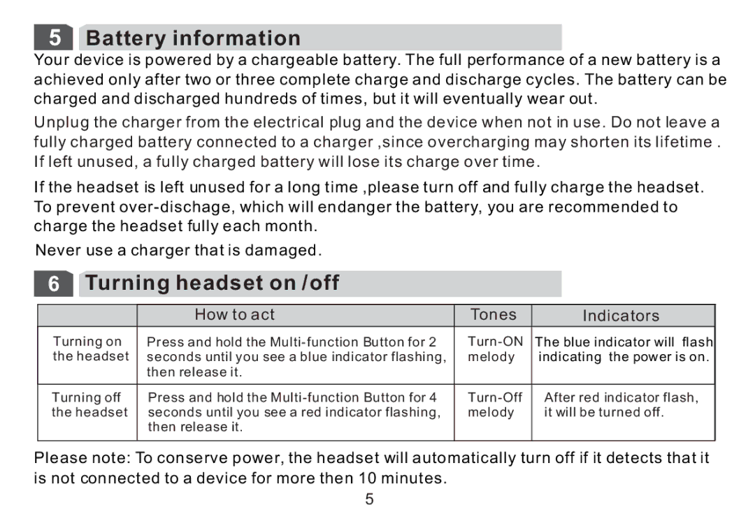 Cellular Innovations HFBLU-LT100 manual Battery information, Turning headset on /off 