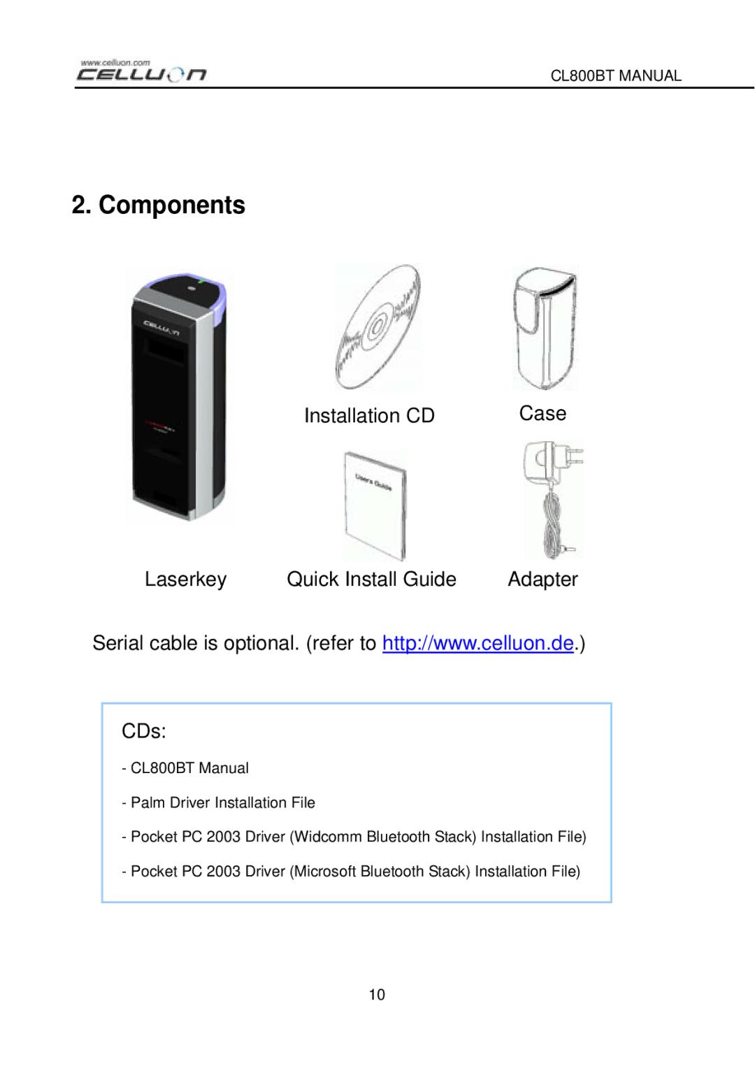 Celluon CL800BT manual Components, Installation CD Case CDs 