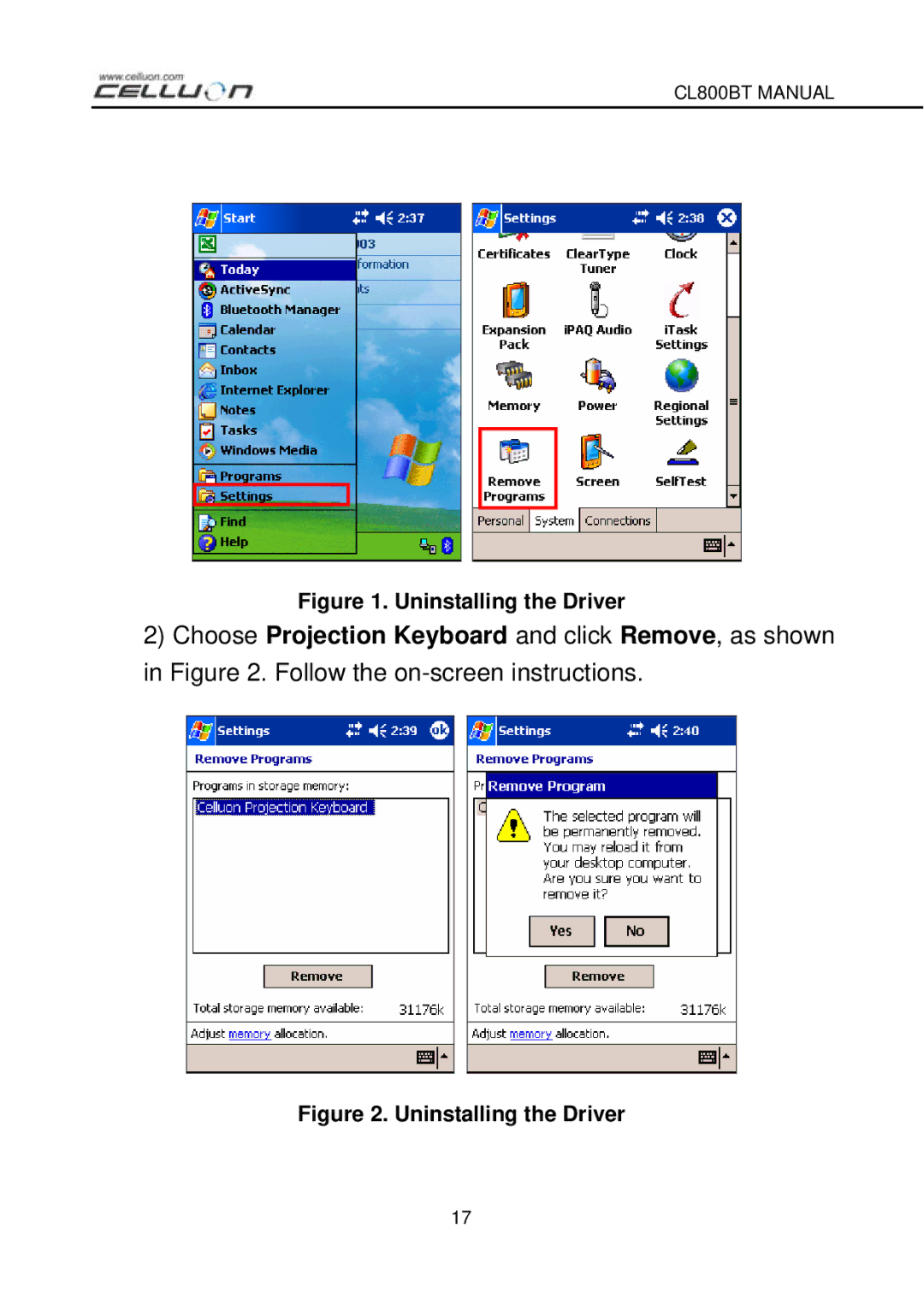 Celluon CL800BT manual Uninstalling the Driver 