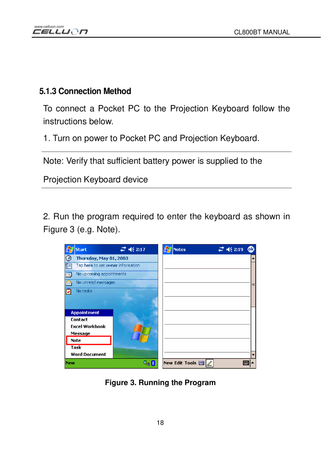 Celluon CL800BT manual Connection Method, Running the Program 