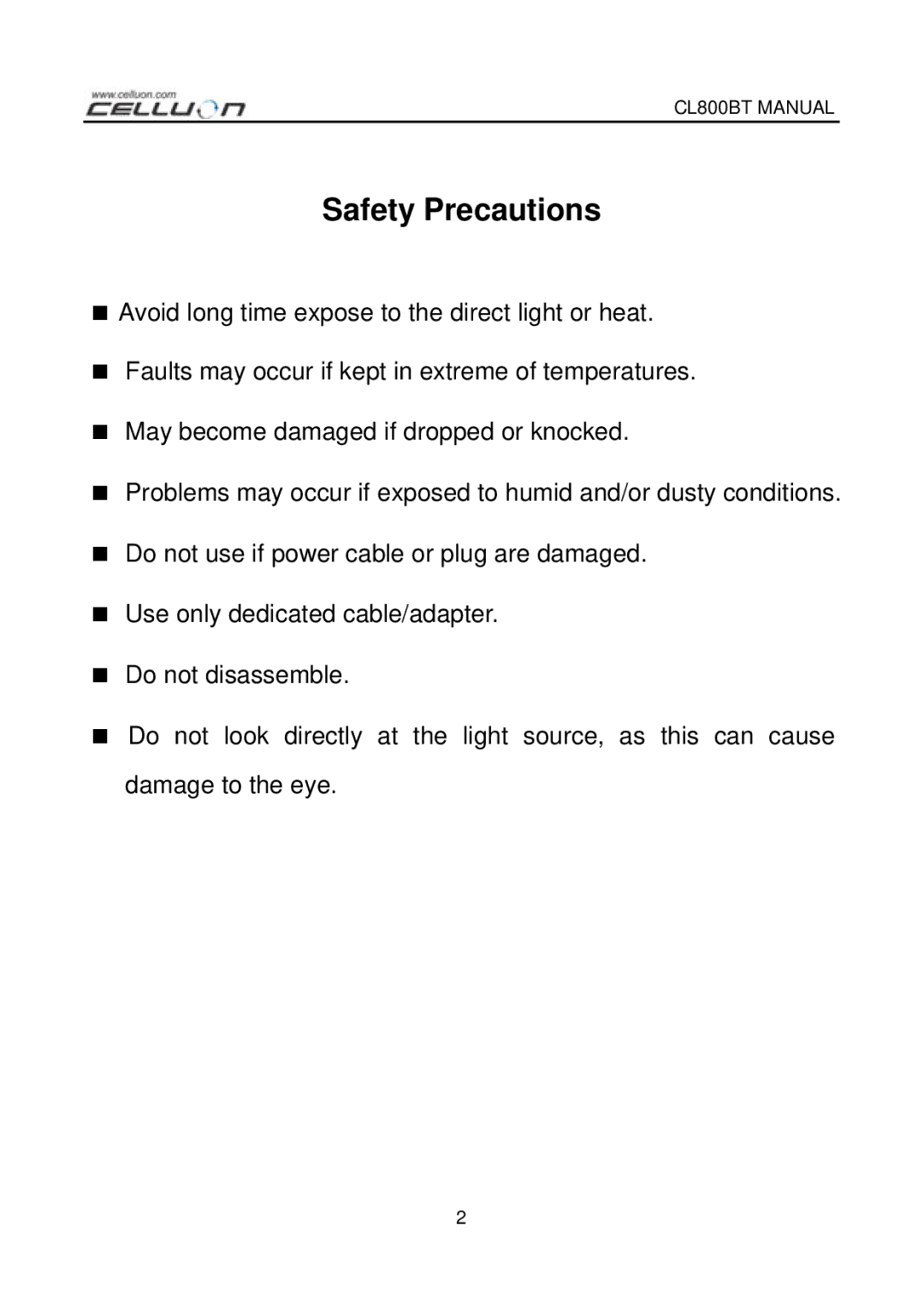 Celluon CL800BT manual Safety Precautions 