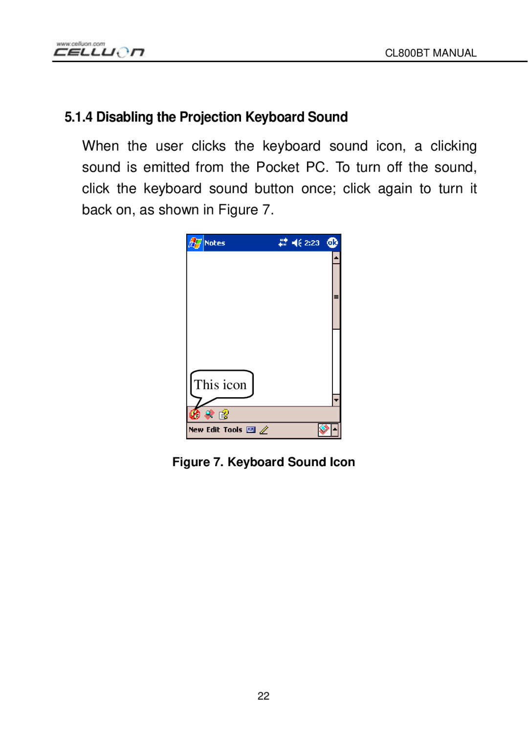 Celluon CL800BT manual Disabling the Projection Keyboard Sound, Keyboard Sound Icon 