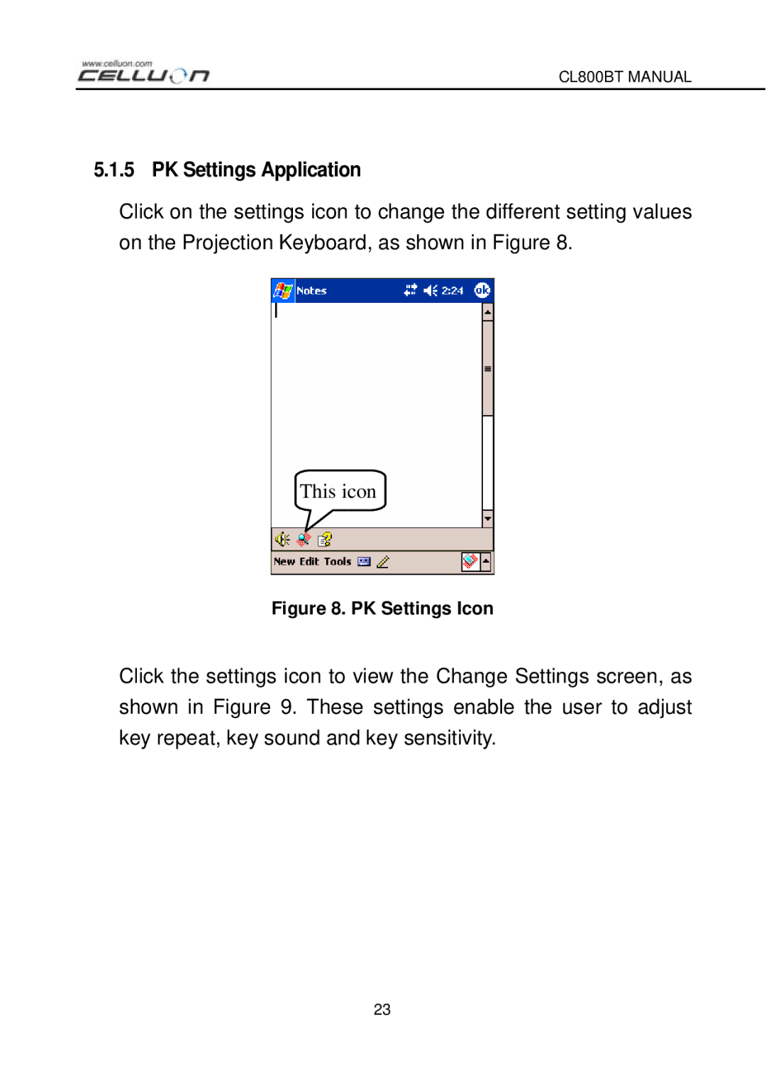 Celluon CL800BT manual PK Settings Application, PK Settings Icon 