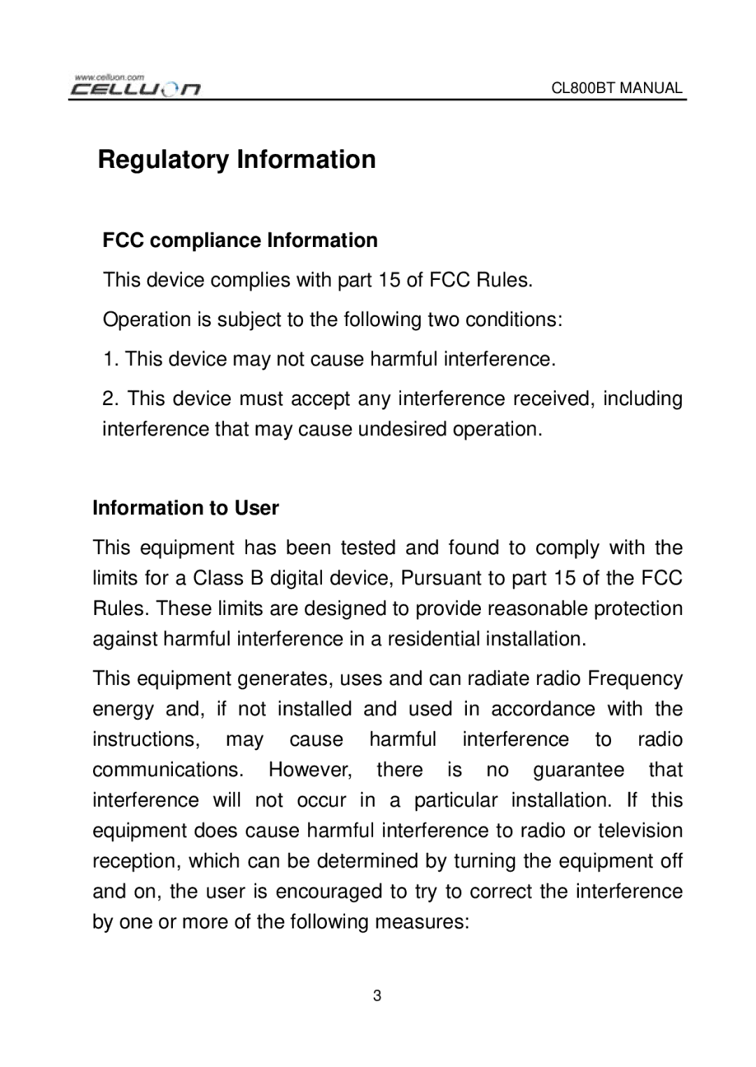 Celluon CL800BT manual Regulatory Information, FCC compliance Information, Information to User 