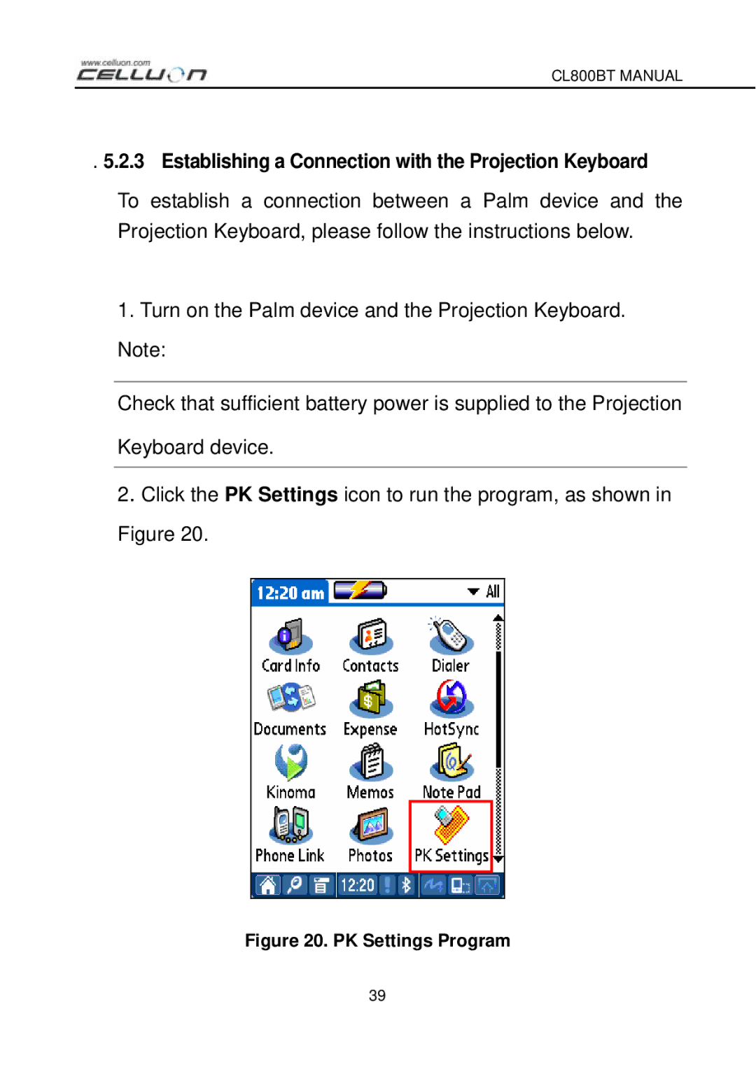 Celluon CL800BT manual Establishing a Connection with the Projection Keyboard, PK Settings Program 