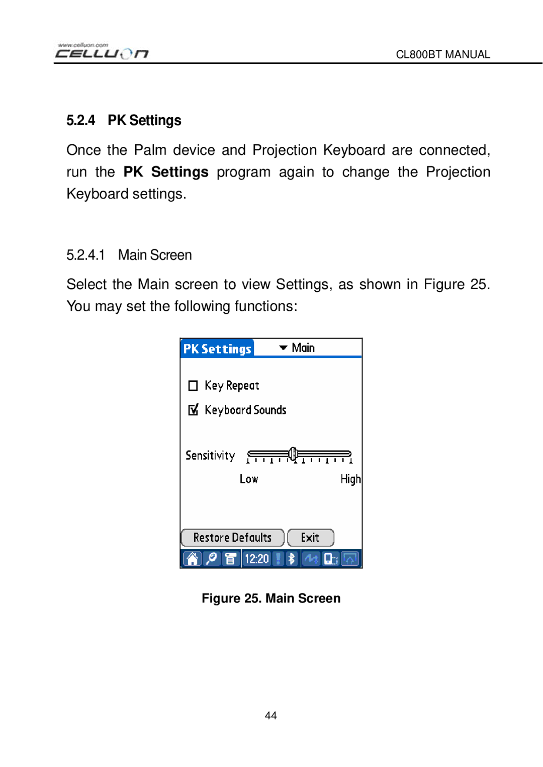 Celluon CL800BT manual PK Settings, Main Screen 