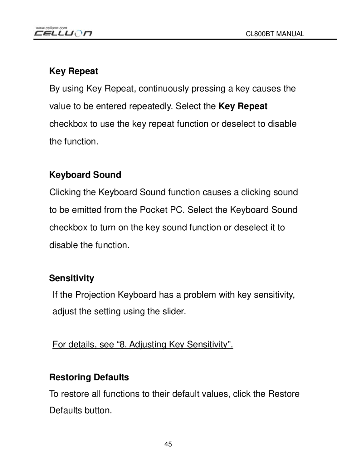 Celluon CL800BT manual Key Repeat 