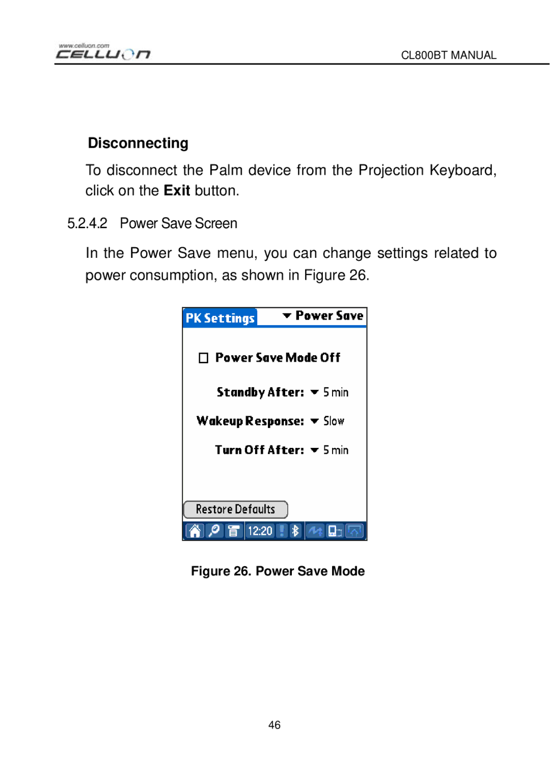 Celluon CL800BT manual Disconnecting, Power Save Mode 