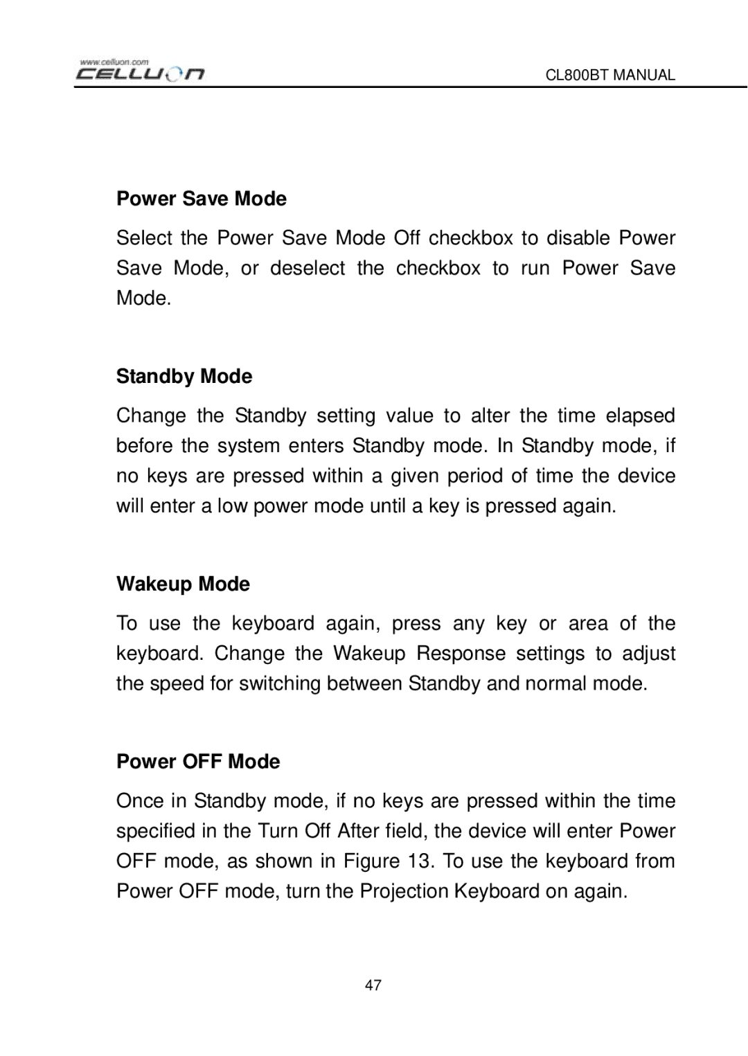 Celluon CL800BT manual Power Save Mode, Standby Mode, Wakeup Mode, Power OFF Mode 