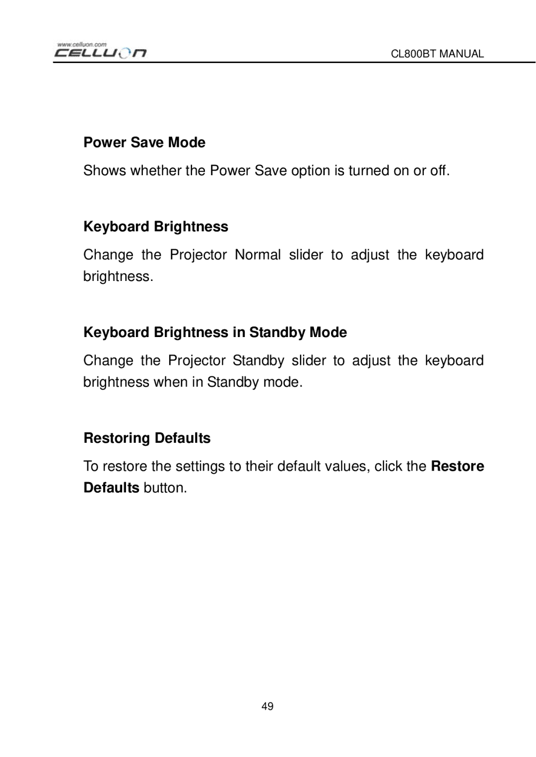 Celluon CL800BT manual Keyboard Brightness in Standby Mode 