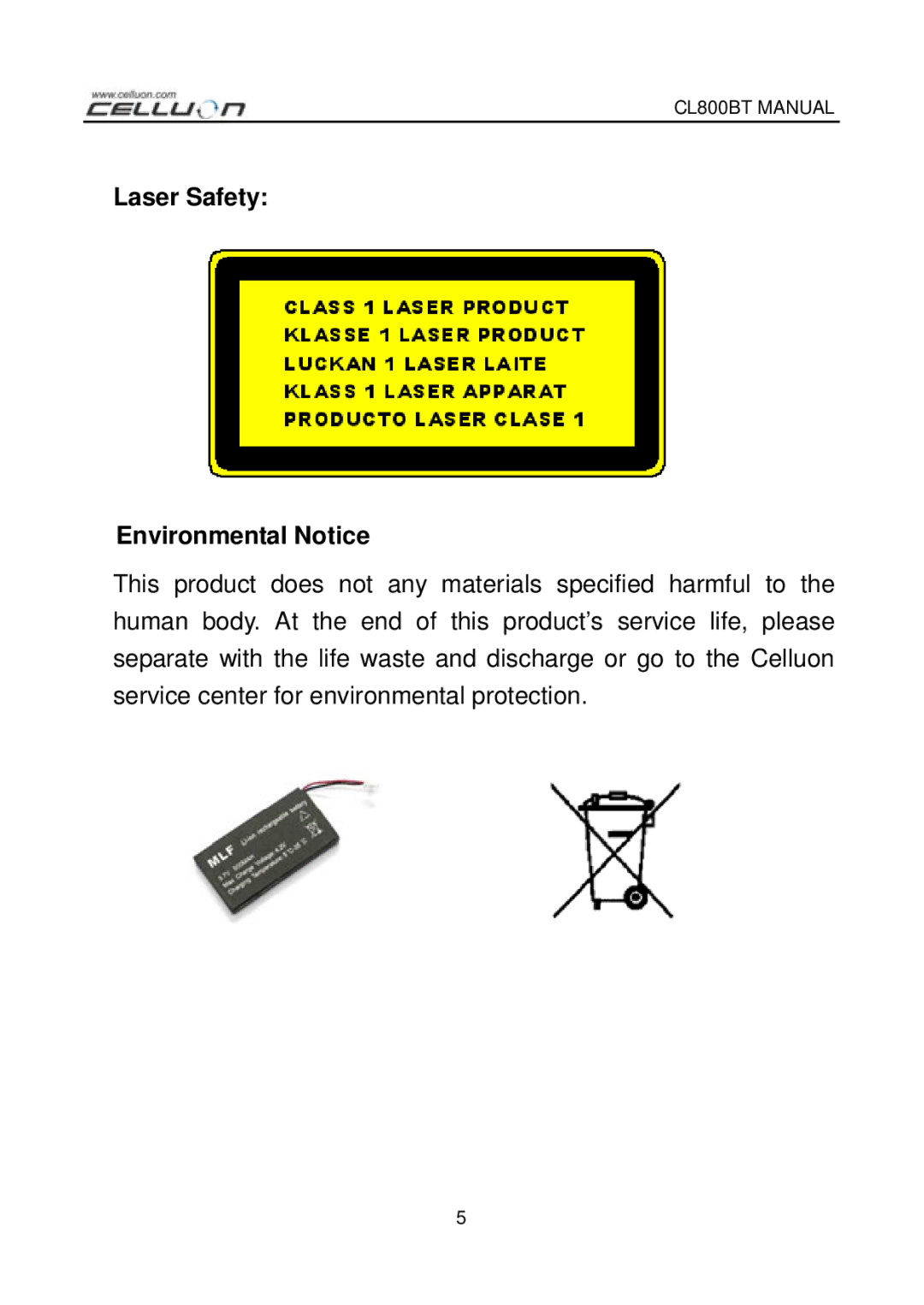 Celluon CL800BT manual Laser Safety Environmental Notice 