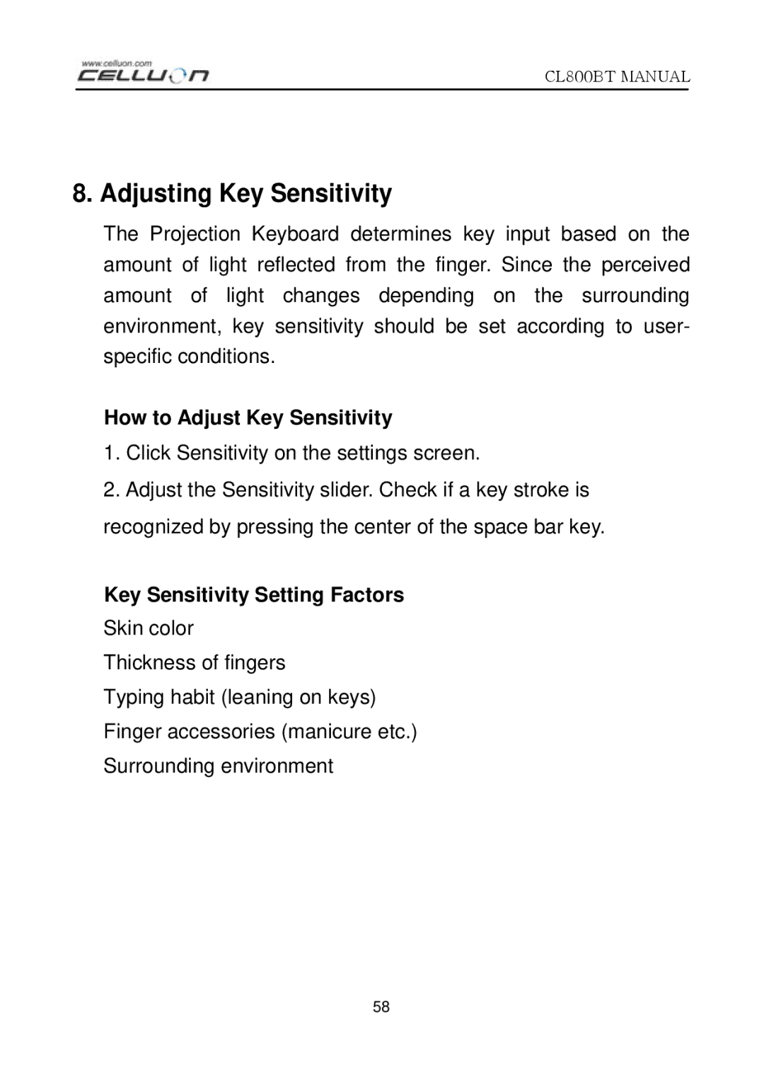 Celluon CL800BT manual Adjusting Key Sensitivity, How to Adjust Key Sensitivity, Key Sensitivity Setting Factors 