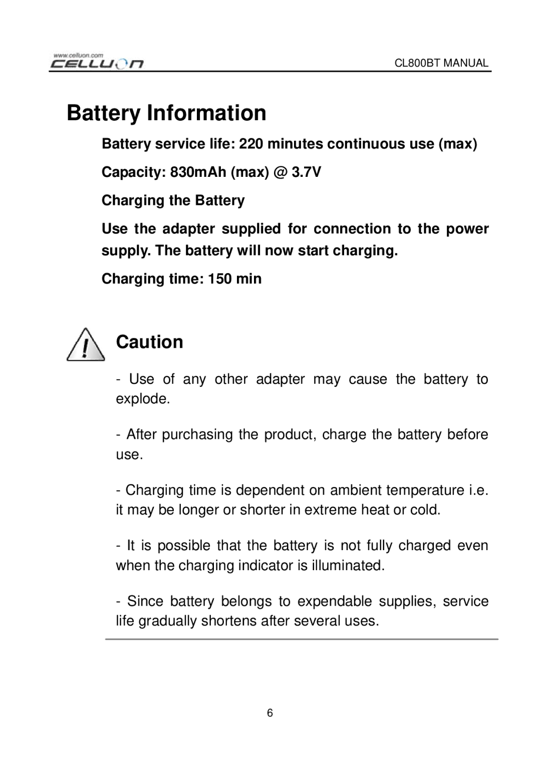 Celluon CL800BT manual Battery Information 