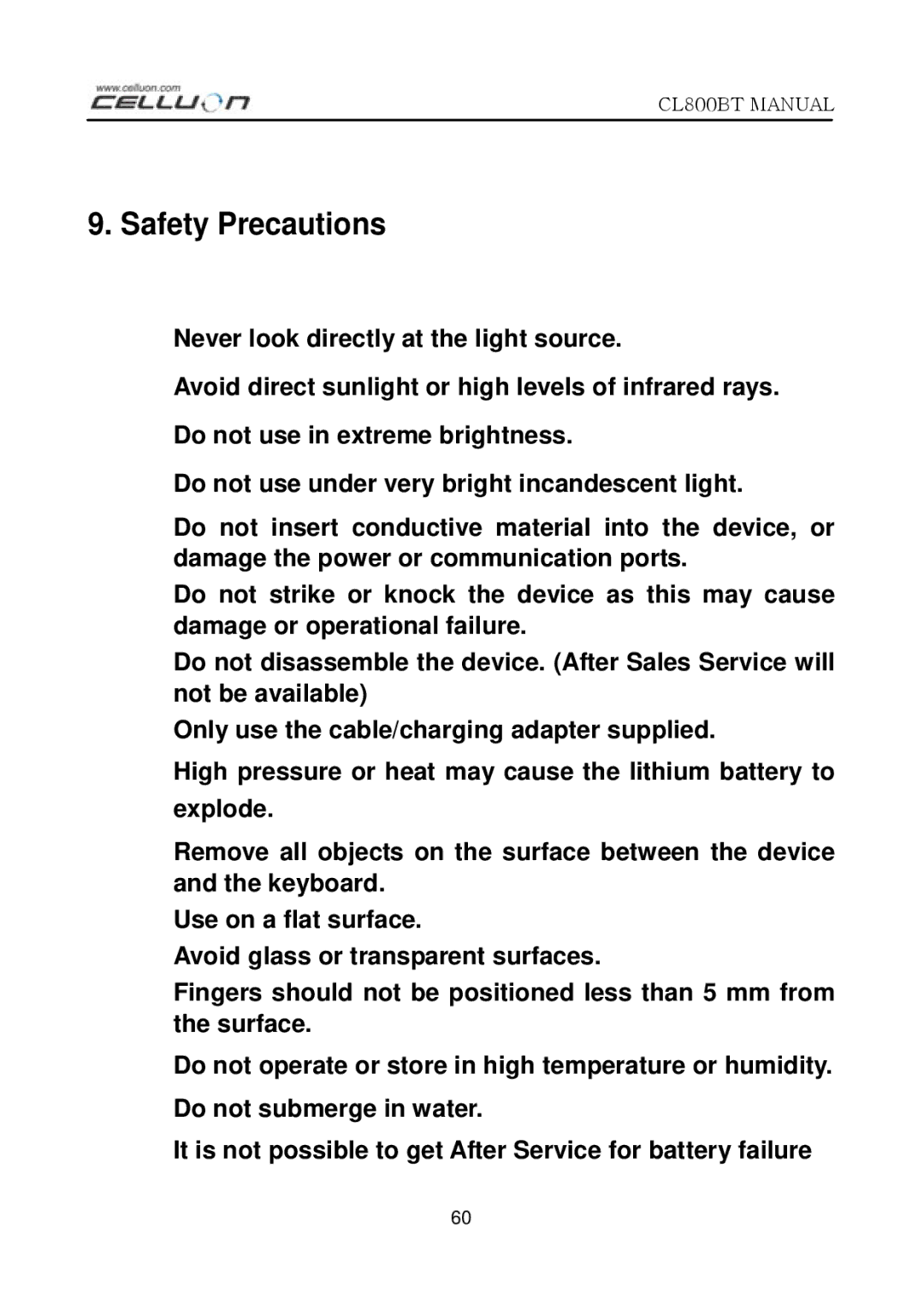 Celluon CL800BT manual Safety Precautions 