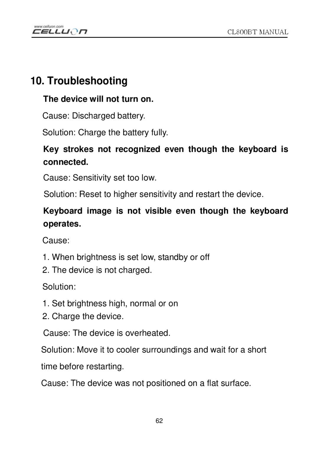 Celluon CL800BT manual Troubleshooting, Device will not turn on 