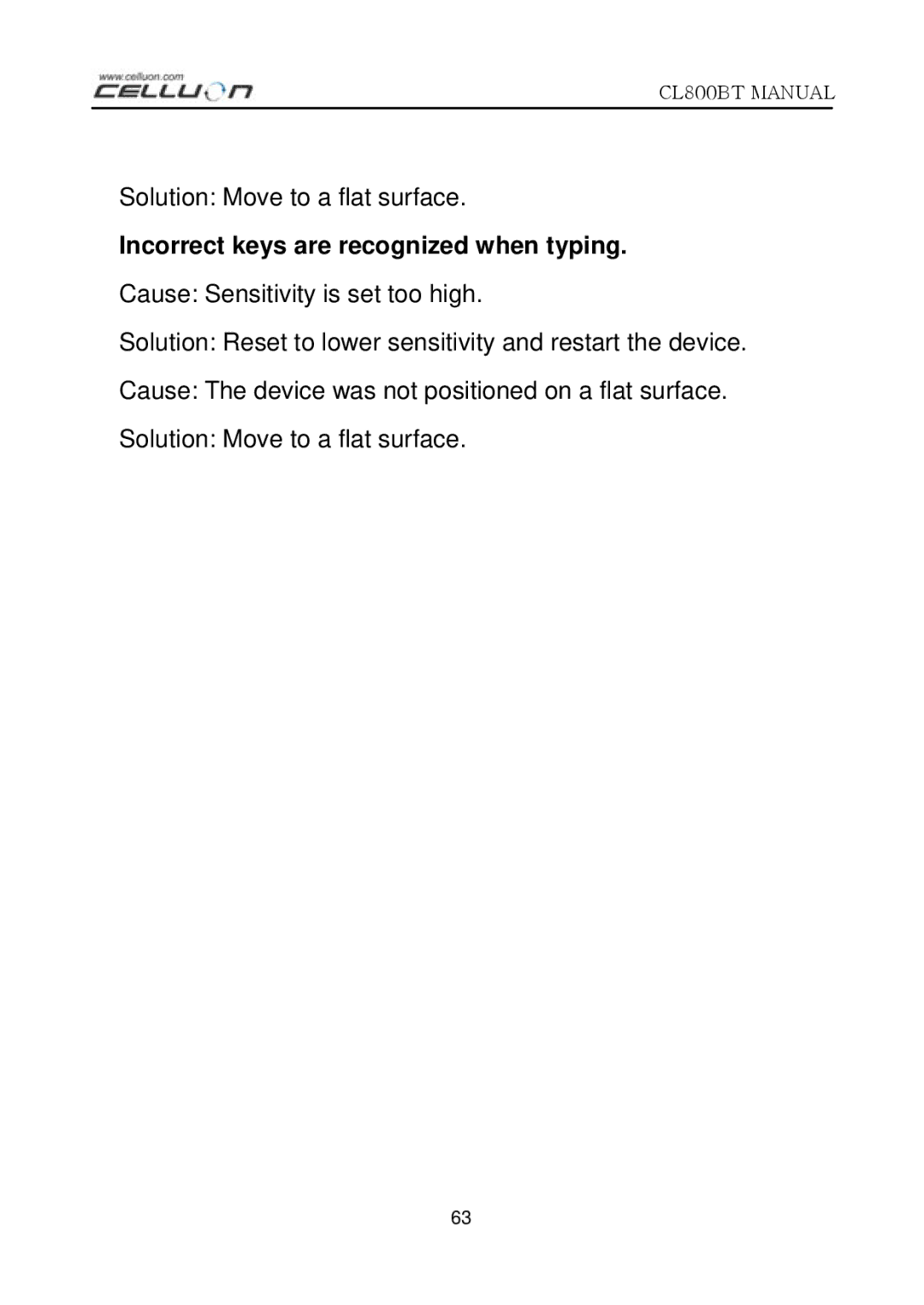 Celluon CL800BT manual Incorrect keys are recognized when typing 