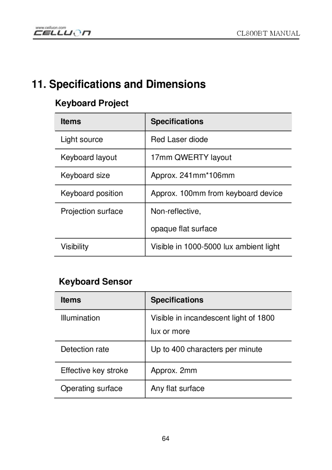 Celluon CL800BT manual Specifications and Dimensions, Keyboard Project, Keyboard Sensor 