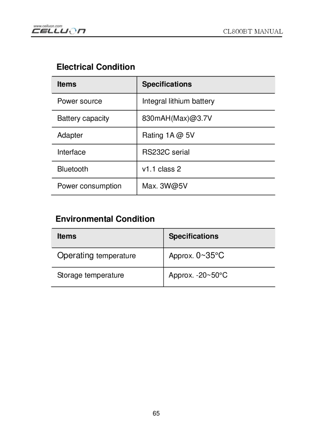 Celluon CL800BT manual Electrical Condition, Environmental Condition 