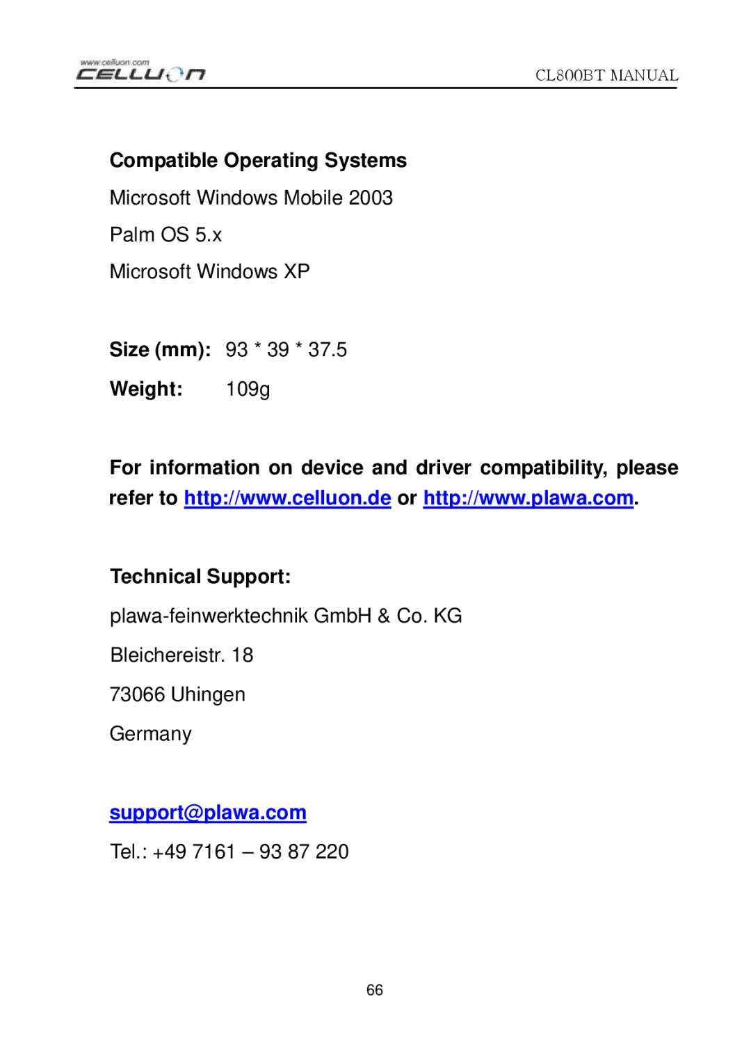Celluon CL800BT manual Compatible Operating Systems, Weight 109g Technical Support 