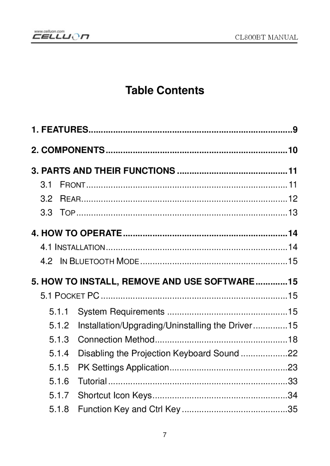 Celluon CL800BT manual Table Contents 