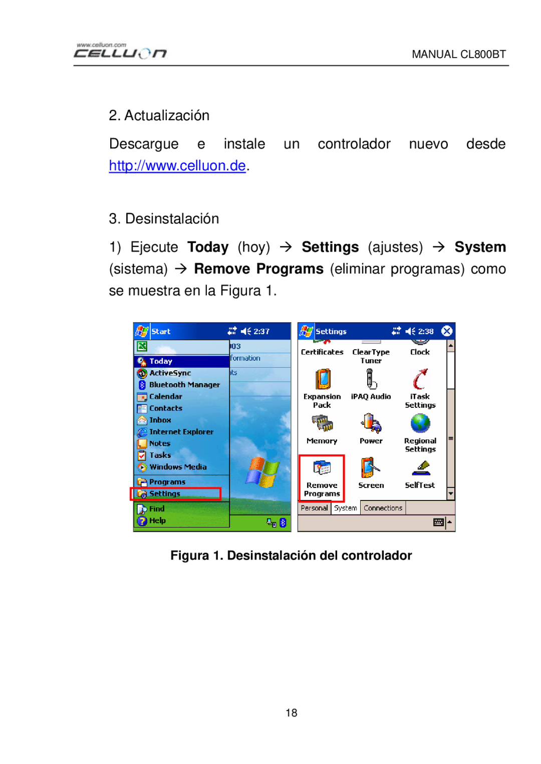 Celluon CL800BT manual Figura 1. Desinstalación del controlador 