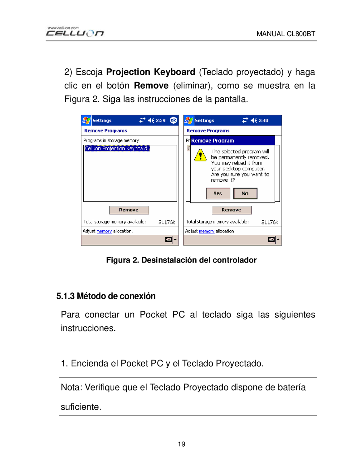 Celluon CL800BT manual 3 Método de conexión, Figura 2. Desinstalación del controlador 