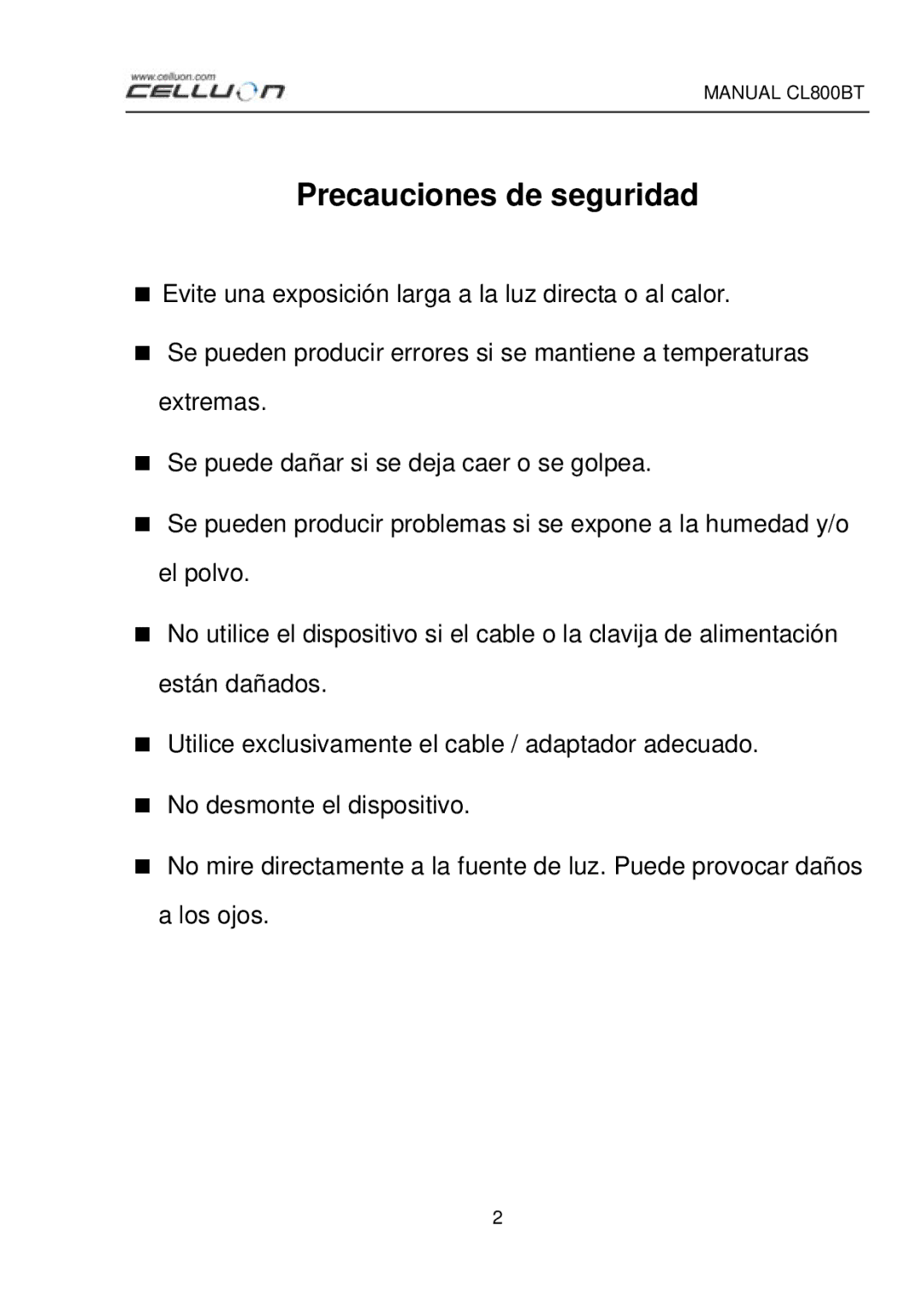 Celluon CL800BT manual Precauciones de seguridad 