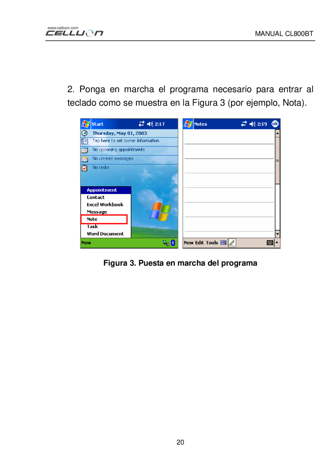 Celluon CL800BT manual Figura 3. Puesta en marcha del programa 