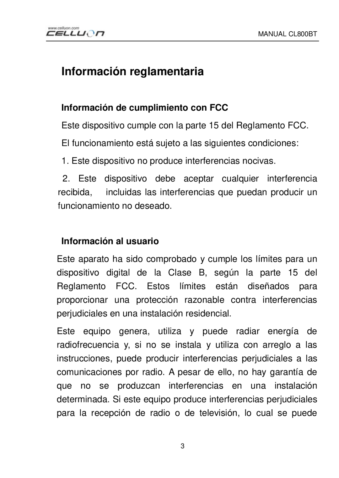 Celluon CL800BT manual Información reglamentaria, Información de cumplimiento con FCC, Información al usuario 