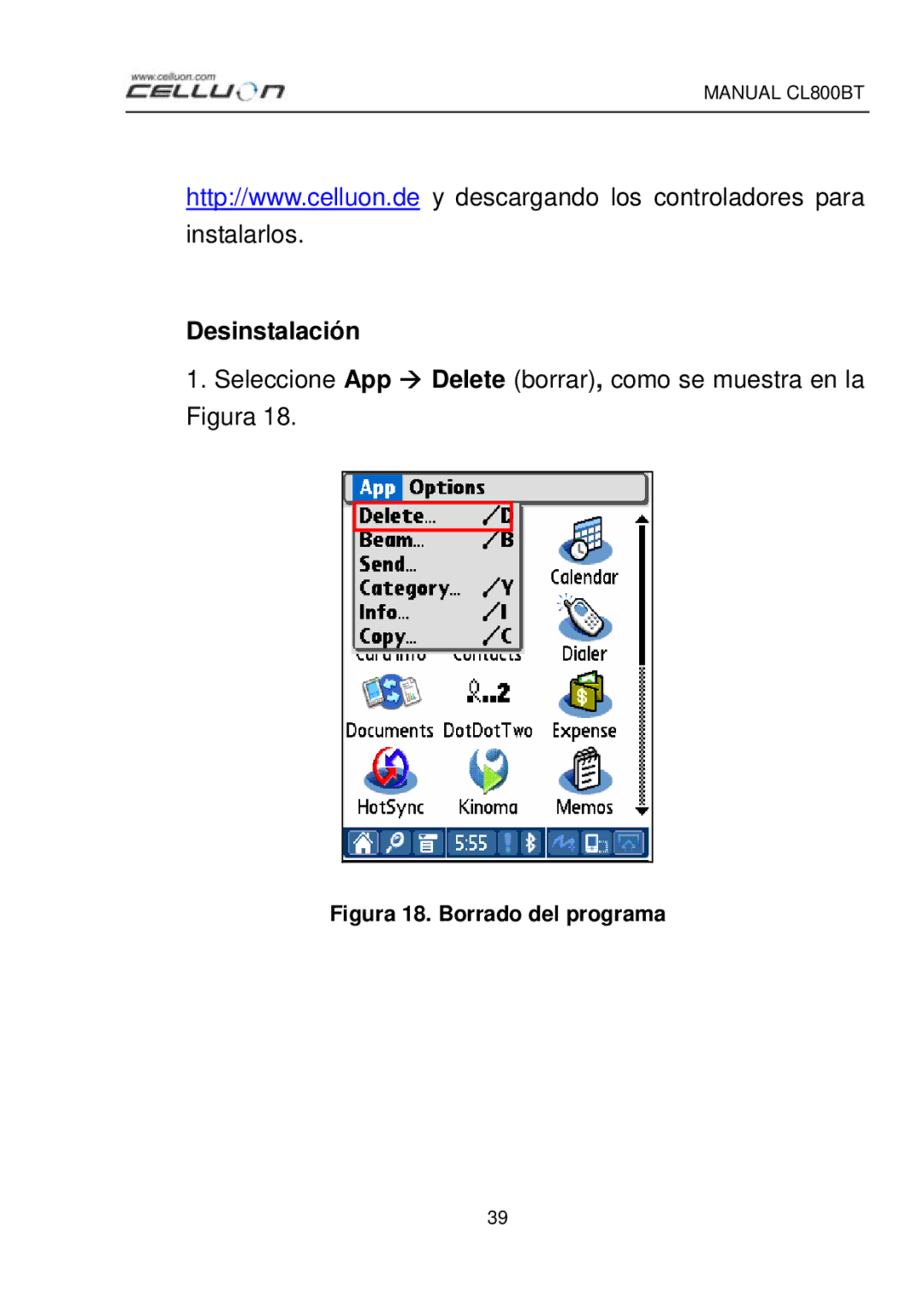 Celluon CL800BT manual Desinstalación, Figura 18. Borrado del programa 