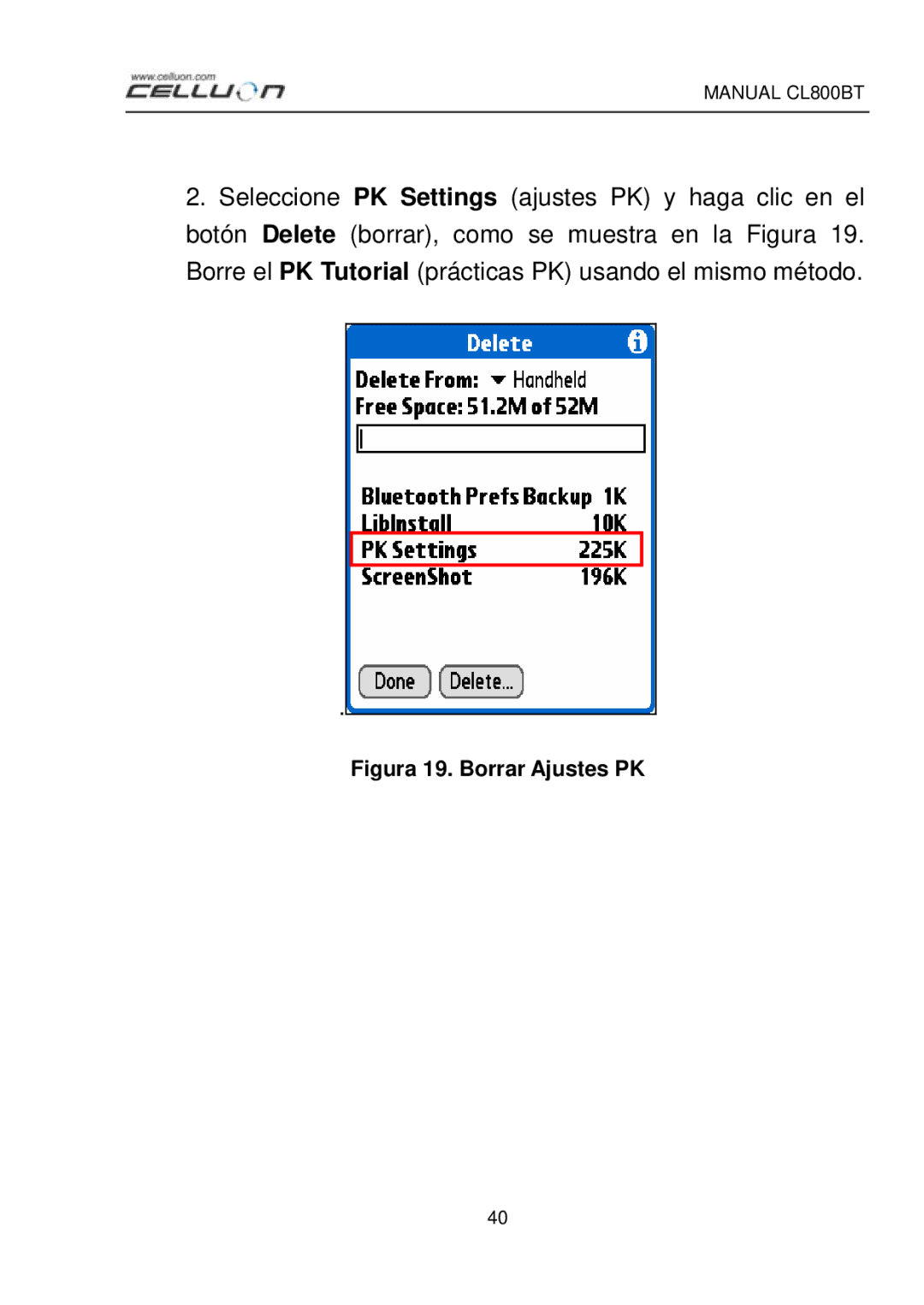 Celluon CL800BT manual Figura 19. Borrar Ajustes PK 