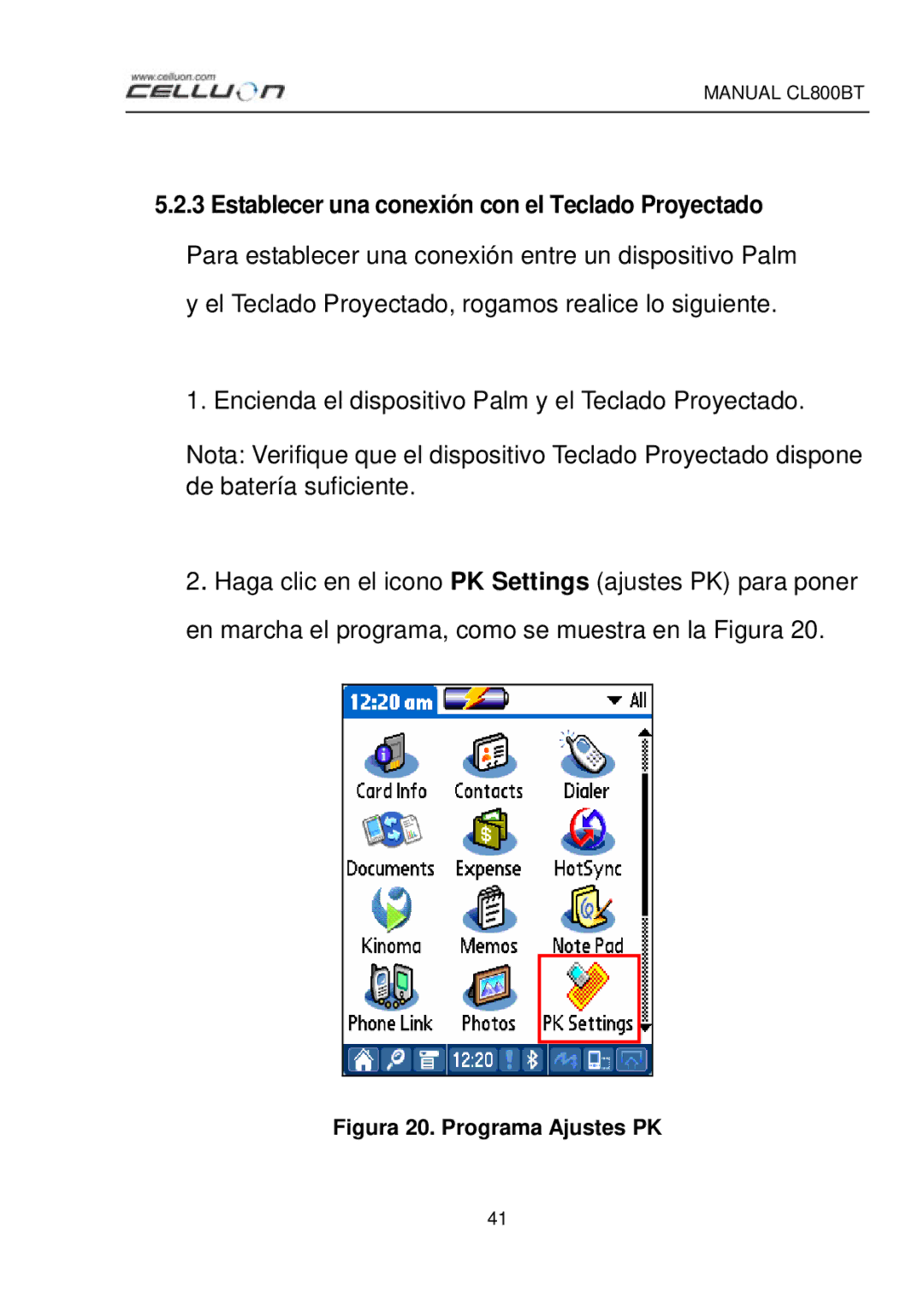 Celluon CL800BT manual Establecer una conexión con el Teclado Proyectado, Figura 20. Programa Ajustes PK 