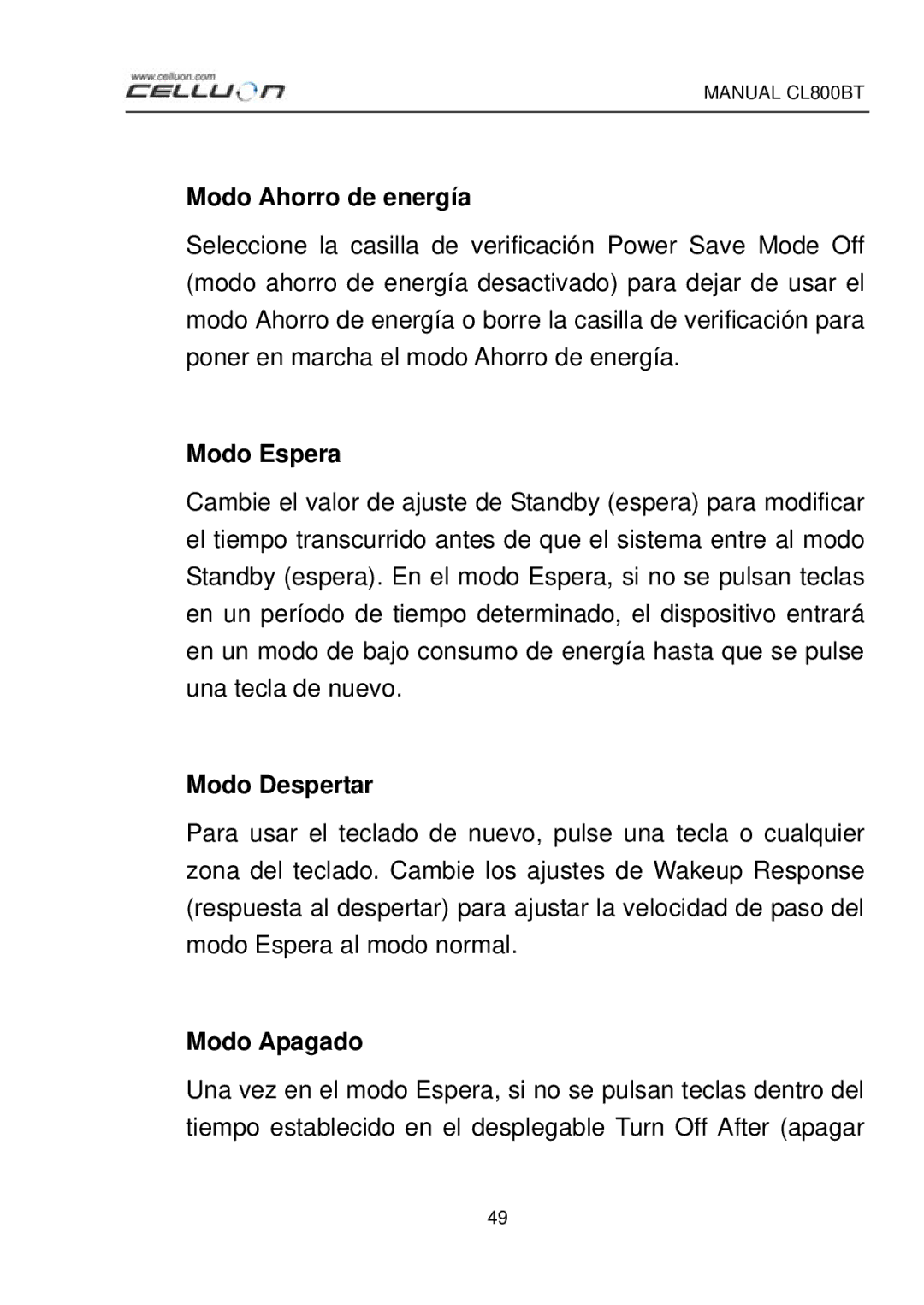 Celluon CL800BT manual Modo Ahorro de energía, Modo Espera, Modo Despertar, Modo Apagado 