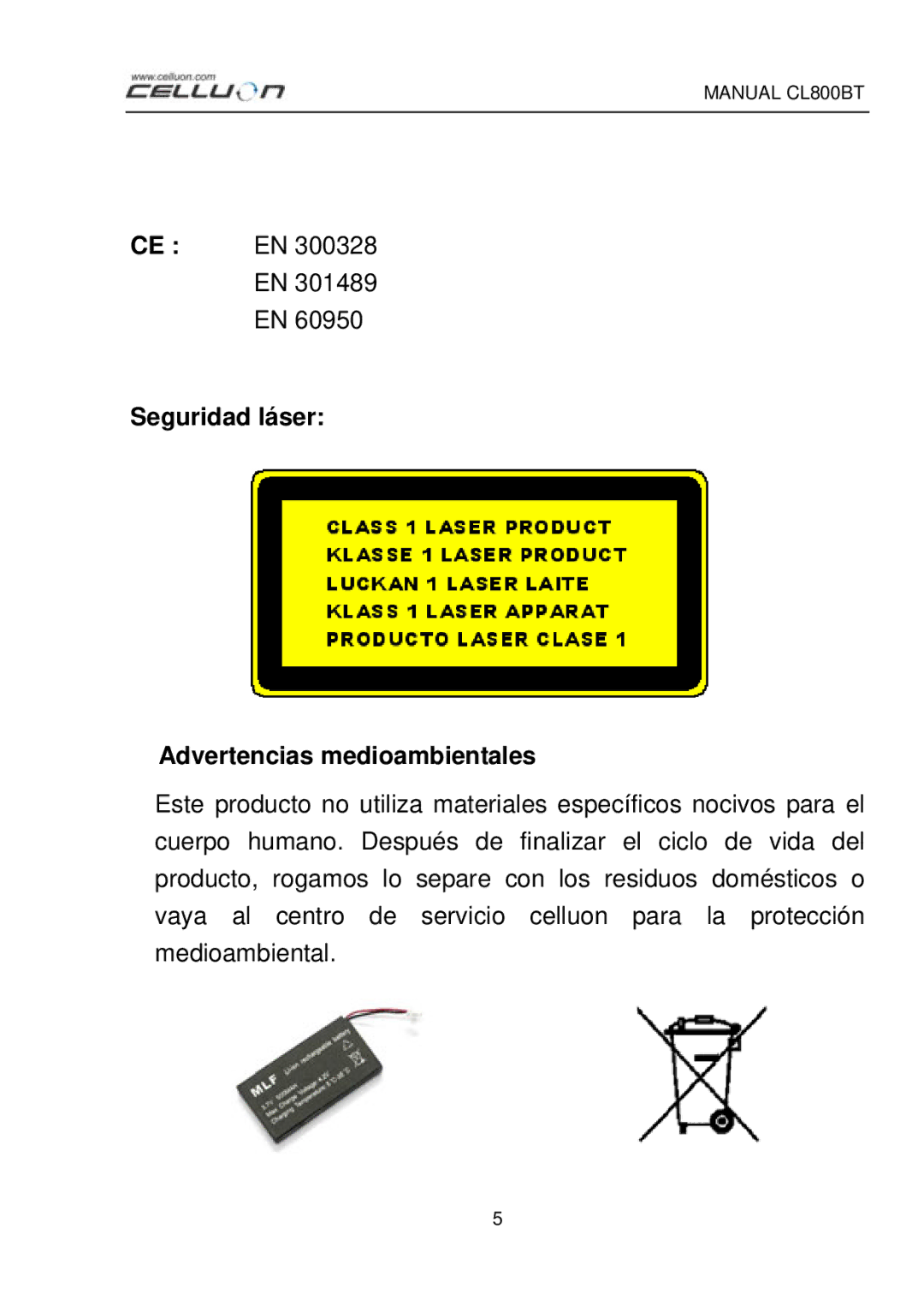 Celluon CL800BT manual Seguridad láser Advertencias medioambientales 