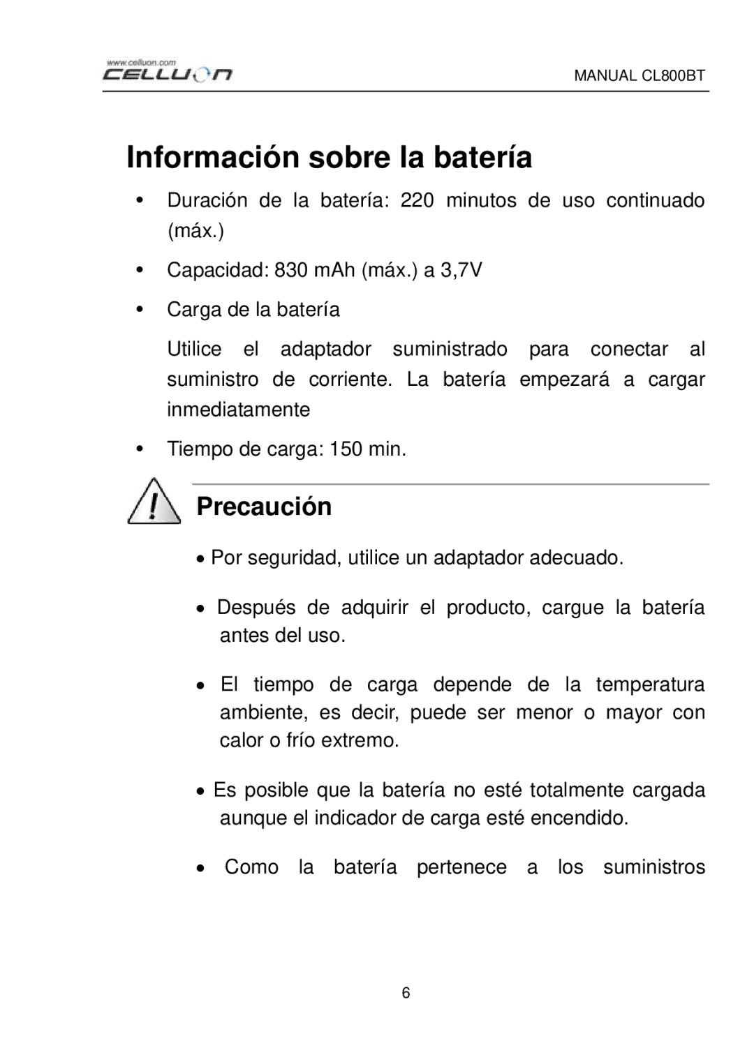 Celluon CL800BT manual Información sobre la batería, Precaución 