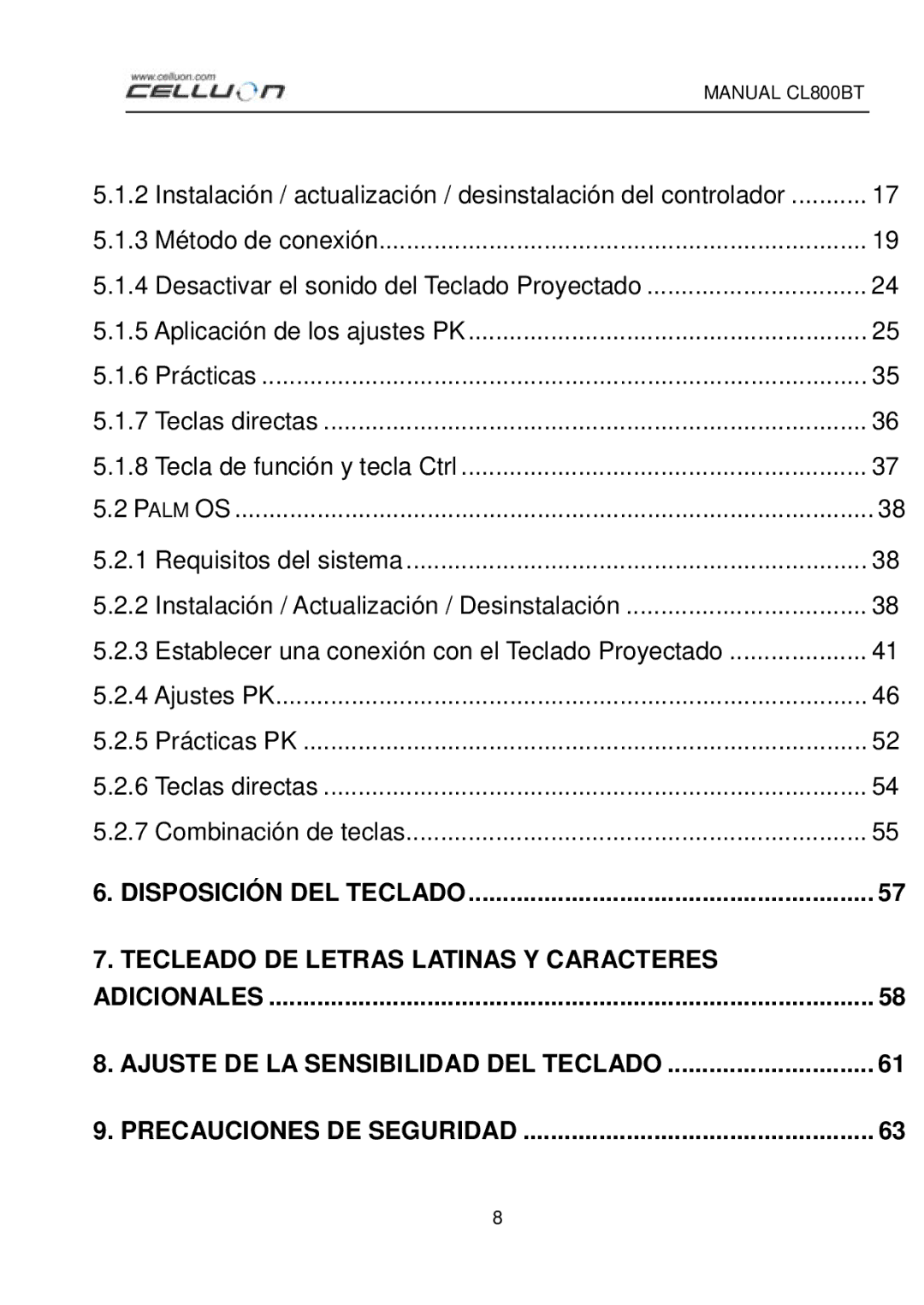 Celluon CL800BT manual Ajustes PK 5 Prácticas PK 