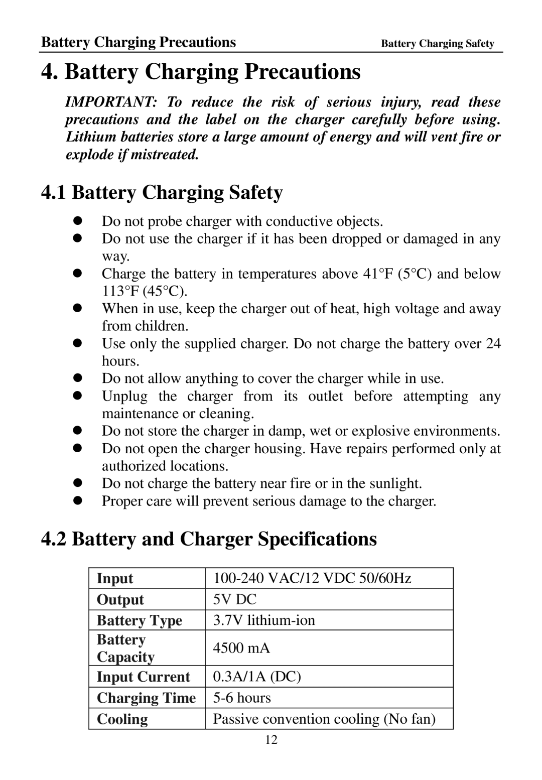 Cenix Digicom 67980 manual Battery Charging Precautions, Battery Charging Safety, Battery and Charger Specifications 