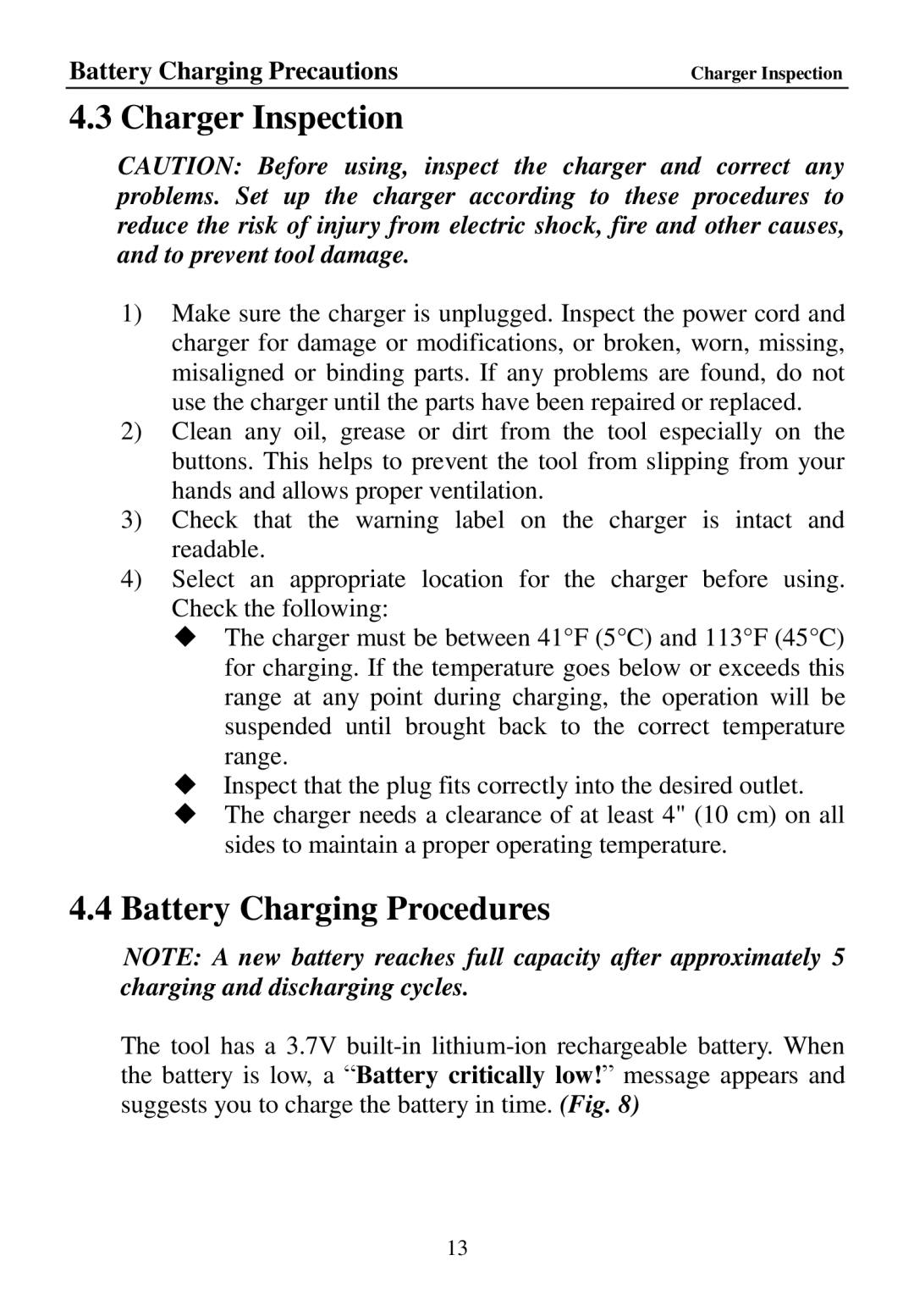 Cenix Digicom 67980 manual Charger Inspection, Battery Charging Procedures 