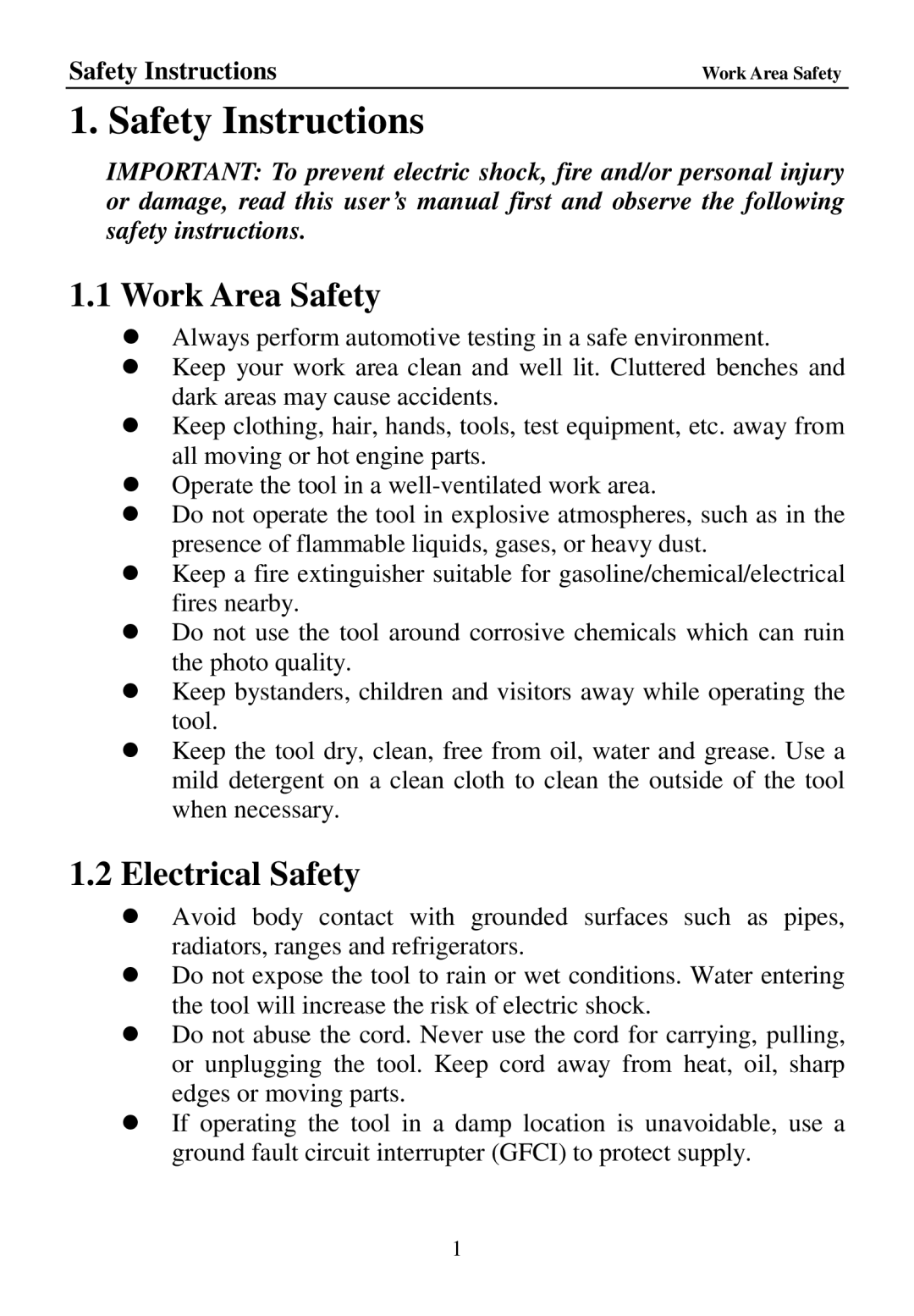 Cenix Digicom 67980 manual Safety Instructions, Work Area Safety, Electrical Safety 