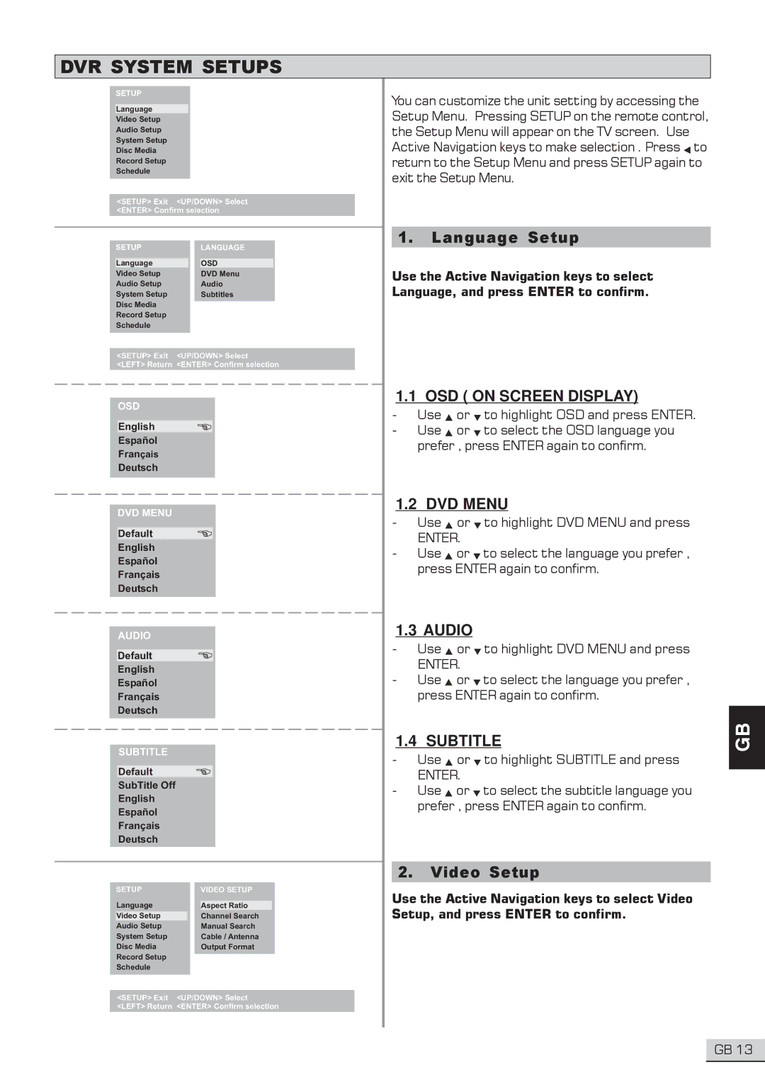 Centrios 1611304 user manual DVR System Setups, OSD on Screen Display, DVD Menu, Audio, Subtitle 