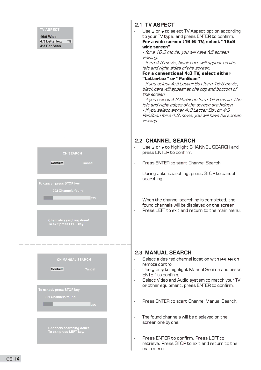 Centrios 1611304 user manual TV Aspect, Channel Search, CH Search, CH Manual Search 