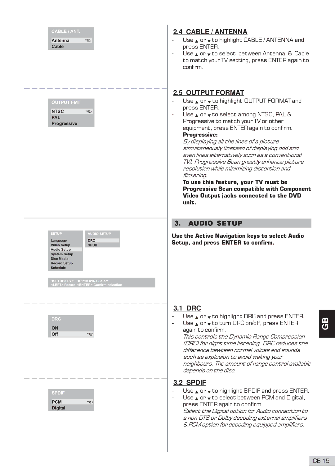 Centrios 1611304 user manual Cable / Antenna, Output Format, Spdif, Cable / ANT, Setup Audio Setup 