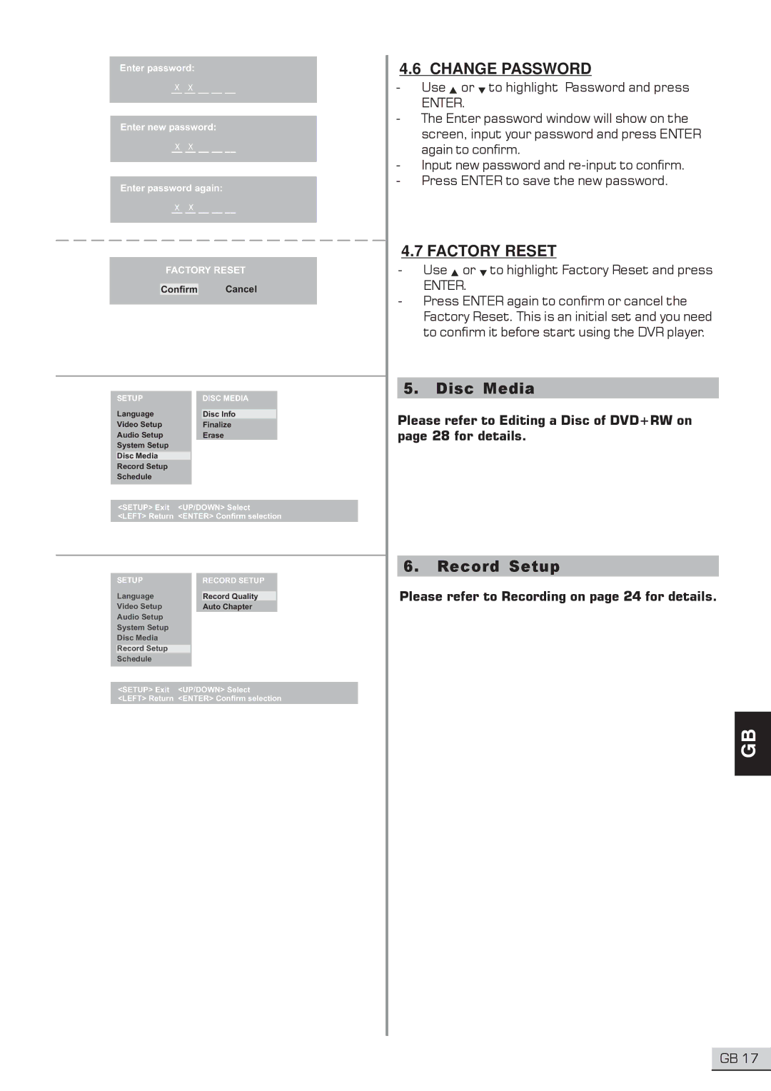 Centrios 1611304 user manual Change Password, Factory Reset, Disc Media, Record Setup 